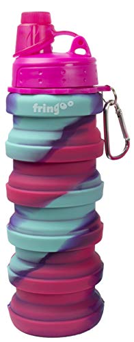 Fringoo - Botella de agua plegable de silicona para niños, 550 ml, con mosquetón, 100 % a prueba de fugas, sin BPA, botella de viaje, deporte, Infantil, Rosa - Azul, 550 ml