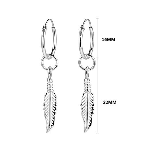 Fu You Pendientes de Plata de Ley 925 Pendientes Aro con Colgante Pluma Pendientes de Aro para Mujer Hombre