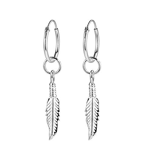Fu You Pendientes de Plata de Ley 925 Pendientes Aro con Colgante Pluma Pendientes de Aro para Mujer Hombre