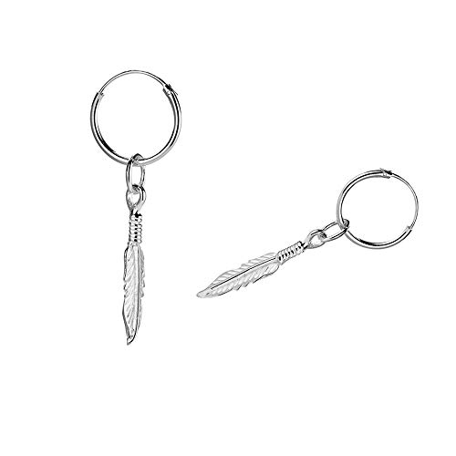 Fu You Pendientes de Plata de Ley 925 Pendientes Aro con Colgante Pluma Pendientes de Aro para Mujer Hombre