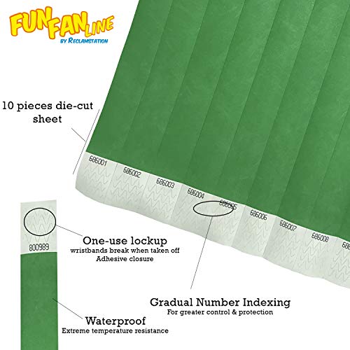 Fun Fan Line - 200 unidades Pulseras identificativas 25 mm de papel tyvek. Pulseras de control numeradas con cierre adhesivo. Intransferible y resistente al agua. (Color Verde)