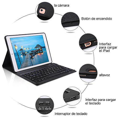 Funda con Teclado iPad 10.2 Español,Dingrich Funda Teclado (Incluye Ñ) para iPad 10.2 2019 7ª Generación/iPad 8 2020/10.5 2017 / Air 3,Teclado Bluetooth Desmontable Auto Sleep/Wake Cubierta Magnétic