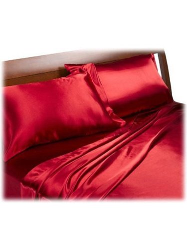 Funda de edredón de satén rojo, sábana ajustable y juego de 4 fundas de almohada