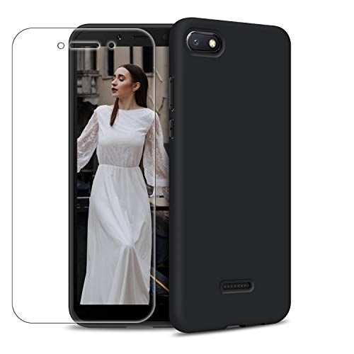 Funda Xiaomi Redmi 6A + Protector de Pantalla de Vidrio Templado, Carcasa Ultra Fino Suave Flexible Silicona Colores del Caramelo Protectora Caso Anti-rasguños Back Case - Negro