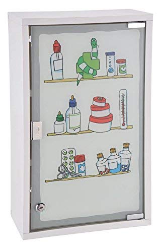 Gabinete medicinal de metal blanco con cristal esmerilado y estampado multicolor con cerradura y aspecto atractivo