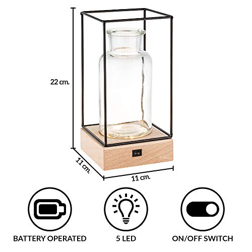 Gadgy® Jarrón decorativo con luz led | Florero vidrio con Base de madera natural y diseño de metal l 22.5 x 10.8 x 10,8 cm