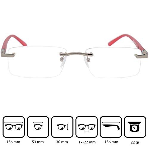 Gafas de Lectura Montura al Aire con Cristales Rectangulares, Funda GRATIS, Montura de Acero Inoxidable (Rojo), Gafas Para Leer de Hombre y Mujer,+1.0 Dioptrías