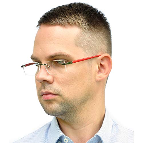 Gafas de Lectura Montura al Aire con Cristales Rectangulares, Funda GRATIS, Montura de Acero Inoxidable (Rojo), Gafas Para Leer de Hombre y Mujer,+1.0 Dioptrías