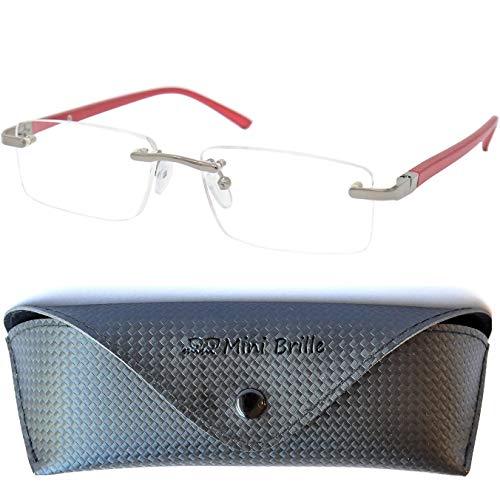 Gafas de Lectura Montura al Aire con Cristales Rectangulares, Funda GRATIS, Montura de Acero Inoxidable (Rojo), Gafas Para Leer de Hombre y Mujer,+1.0 Dioptrías