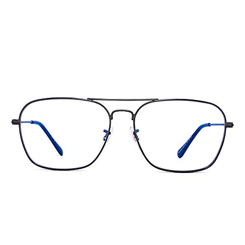 Gafas de Vista Aviador Bloqueo Luz Azul Computadora Mujer Hombre, Cuadradas Proteger Ojos Vídeo Anteojos Anti Deslumbramiento (Marco Gunmetal Punta del Templo Negro)