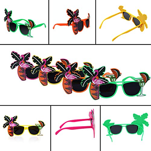Gafas Novedosas (Pack de 4) - Gafa Sol Tema Tropical Hawaiana para Adulto, Hombres, Mujeres Gafas de Fiesta Divertidas Palmera, Flamenco, Gafas Hawaianas Coctel Playa - Verde, Amarillo, Naranja y Rosa