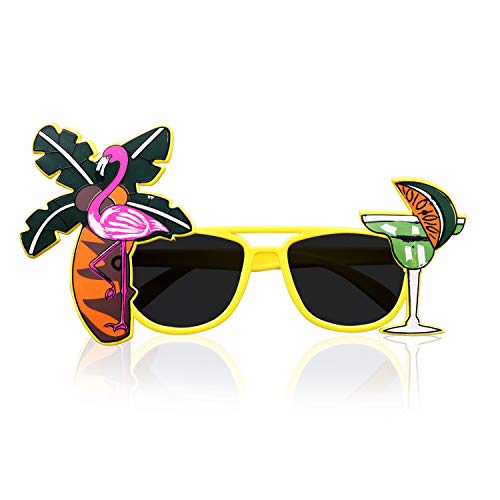 Gafas Novedosas (Pack de 4) - Gafa Sol Tema Tropical Hawaiana para Adulto, Hombres, Mujeres Gafas de Fiesta Divertidas Palmera, Flamenco, Gafas Hawaianas Coctel Playa - Verde, Amarillo, Naranja y Rosa