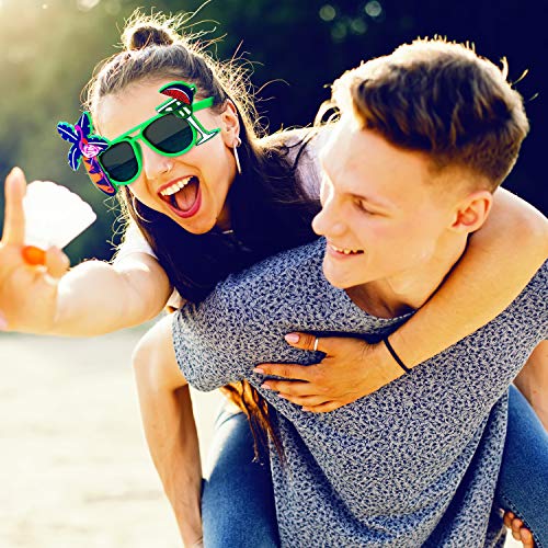 Gafas Novedosas (Pack de 4) - Gafa Sol Tema Tropical Hawaiana para Adulto, Hombres, Mujeres Gafas de Fiesta Divertidas Palmera, Flamenco, Gafas Hawaianas Coctel Playa - Verde, Amarillo, Naranja y Rosa