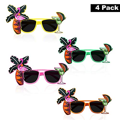 Gafas Novedosas (Pack de 4) - Gafa Sol Tema Tropical Hawaiana para Adulto, Hombres, Mujeres Gafas de Fiesta Divertidas Palmera, Flamenco, Gafas Hawaianas Coctel Playa - Verde, Amarillo, Naranja y Rosa