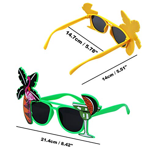 Gafas Novedosas (Pack de 4) - Gafa Sol Tema Tropical Hawaiana para Adulto, Hombres, Mujeres Gafas de Fiesta Divertidas Palmera, Flamenco, Gafas Hawaianas Coctel Playa - Verde, Amarillo, Naranja y Rosa