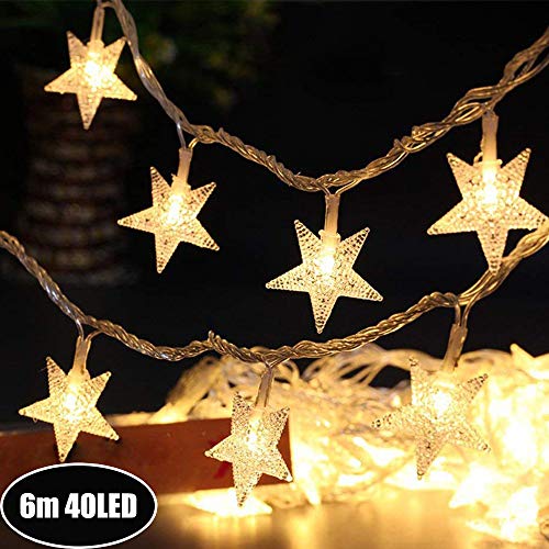 Galaxer Star Luces de Hadas Estrella de la Noche Luz de la Secuencia 20Ft / 6M 40Pcs Monochrom de dos Modos y Brillante Decoración Luz Blanco Cálido AA Alimentado por Batería