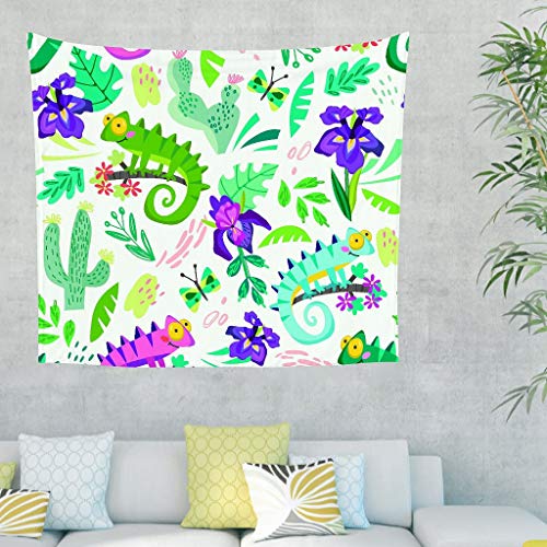 Gamoii – Tapiz de Pared Multicolor camaleón, Animales, Plantas Verdes, Manta de Picnic, Toalla de Playa, Esterilla de Yoga, decoración para el hogar, sofá, Funda, poliéster, Blanco, 150 x 130 cm
