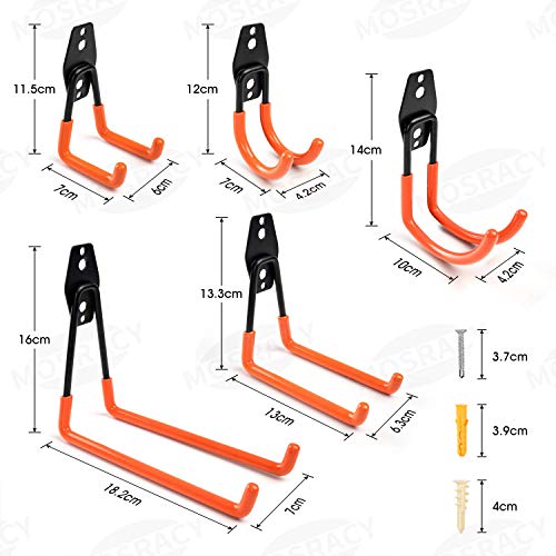 Gancho de Almacenamiento de Garaje - MOSRACY 10 PCS Antideslizante Ganchos de Acero Dobles Carga Máxima 30kg para Organizar Herramientas Eléctricas Escalera Escoba Pala Almacenamiento de Bicicletas