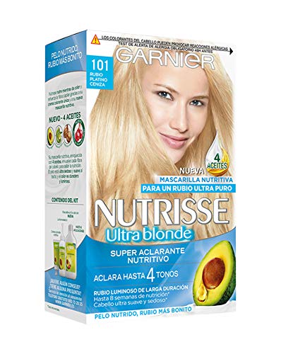 Garnier Nutrisse Creme Coloración Nutritiva Permanente, Tinte 100% Cobertura de Canas con Mascarilla Nutritiva de 4 Aceites - Tono 101 Rubio Platino Ceniza