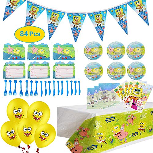 Geenber 84Pcs Spongebob Theme Party Supplies Set Spongebob Birthday Decoration Supply Pack para Spongebob Theme Kids Party Celebration