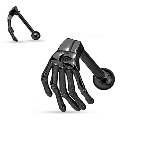 Gekko cuerpo joyas negro diseño con mano de esqueleto superior Acero Quirúrgico Cartílago de la oreja Cejas Barbell 1.2 mm x 6 mm