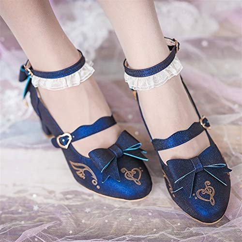 GEMORE Dulce Lolita Calza los Zapatos de Lolita Cosplay Lindo de Las Mujeres del Arco del Medio Gruesos Zapatos de tacón (Color : Blue, Size : 37)