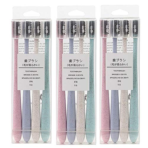 Generies - 12 cepillos de dientes manuales ultrasuaves con mango de paja de trigo, respetuoso con el medio ambiente