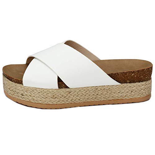 GETS - Sandalias de alpargatas para mujer, puntera abierta, deslizables, cruzadas, plataforma con tachuelas de verano, sandalias planas, color Blanco, talla 38 EU