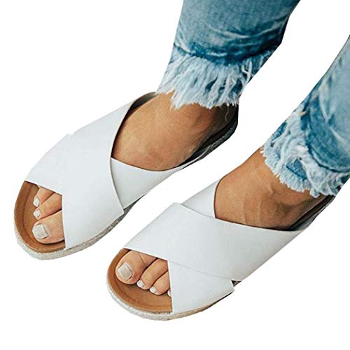 GETS - Sandalias de alpargatas para mujer, puntera abierta, deslizables, cruzadas, plataforma con tachuelas de verano, sandalias planas, color Blanco, talla 38 EU