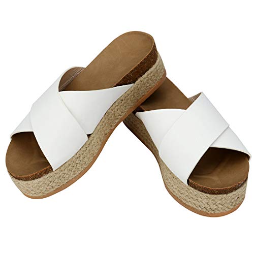 GETS - Sandalias de alpargatas para mujer, puntera abierta, deslizables, cruzadas, plataforma con tachuelas de verano, sandalias planas, color Blanco, talla 38 EU