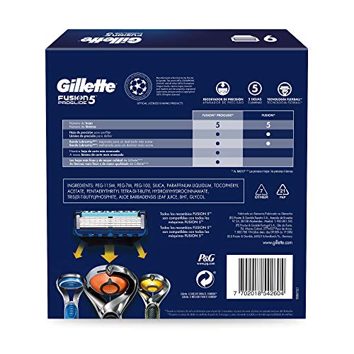 Gillete Fusion Proglide Cuchillas de Afeitar, Pack Ahorro Champions League, Paquete de 9 Cuchillas de Recambio