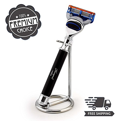 Gillette Fusion Compatible afeitado maquinilla de afeitar en negro & Soporte de acero inoxidable – ideal para uso diario y apto para el afeitado en húmedo – perfecto como un regalo