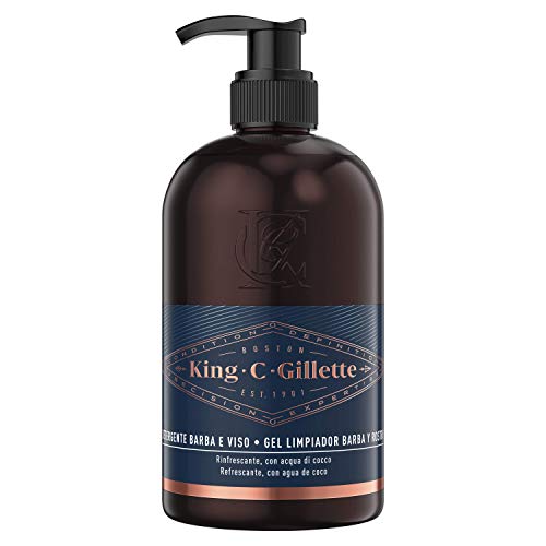 Gillette King C. Gel Limpiador Para Barba Y Rostro Para Hombre Con Agua De Coco, 350 ml + Gillette King C. Bálsamo Suave Para Barba Para Hombre, Aceite De Argán Y Manteca De Karité, 100 ml