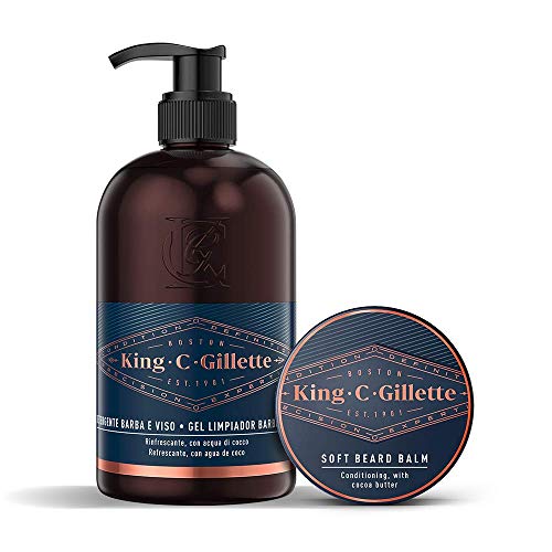 Gillette King C. Gel Limpiador Para Barba Y Rostro Para Hombre Con Agua De Coco, 350 ml + Gillette King C. Bálsamo Suave Para Barba Para Hombre, Aceite De Argán Y Manteca De Karité, 100 ml