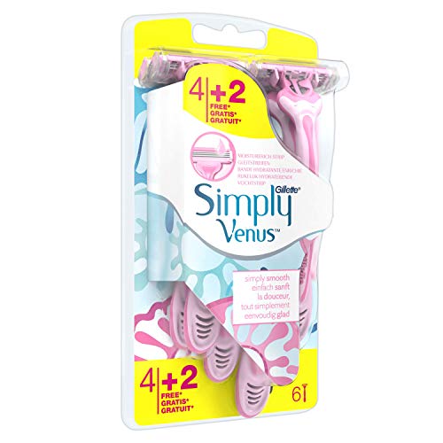 Gillette Venus-Simply 3 cuchillas de afeitar desechables con banda lubricante, 3 hojas, 6 unidades