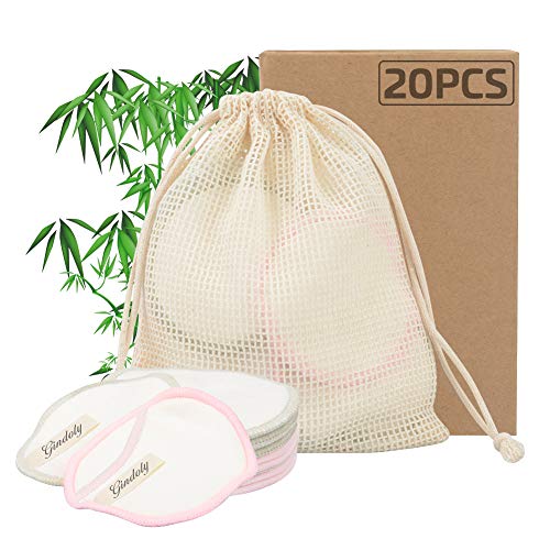 Gindoly 20 Pcs Discos Desmaquillantes Reutilizables del Fibra de Bamb¨² Lavables Almohadillas Maquillaje Desmaquillante Facial para Todo Tipo de Pieles con Bolsa de Lavado