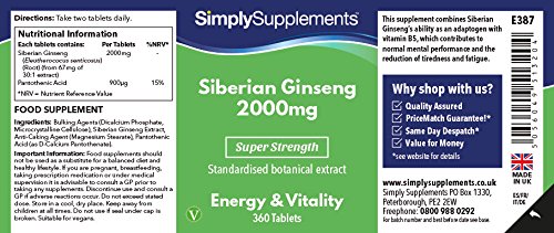 Ginseng siberiano 2000mg - ¡Bote para 6 meses! - Apto para veganos - 360 comprimidos - SimplySupplements