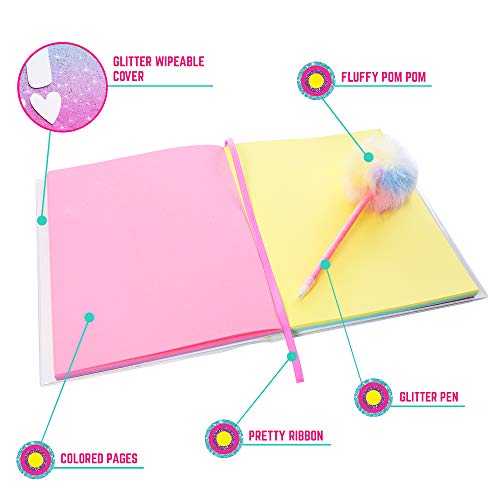GirlZone Regalos para Niñas - Cuaderno Arcoíris con Bolígrafo con Pompón - Libreta Bloc Diario para Niñas con Tapa Brillante y Páginas Coloreadas para Escribir y Dibujar