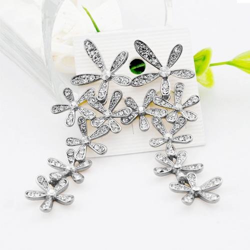 Gleader a largo lindo Crystal Rhinestone de la flor de la borla cuelga el banquete de boda de los pendientes nuevos - Plata
