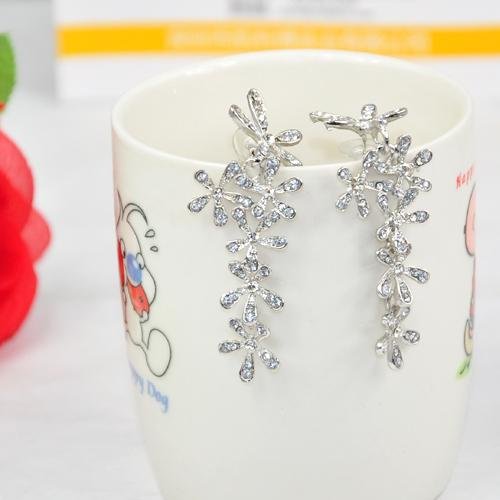 Gleader a largo lindo Crystal Rhinestone de la flor de la borla cuelga el banquete de boda de los pendientes nuevos - Plata