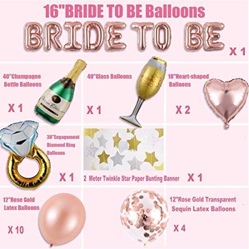 Globos oro rosa decorados para despedida de soltera, 1 pcs BRIDE TO BE letras, 14 piezas de globos de látex, 5 globos de aluminio de diferentes formas, forma de estrella de 2M guirnalda colgante