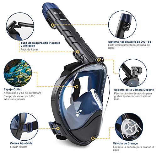 Glymnis Máscara de Buceo 180° Máscara Snorkel Anti-Fuga Gafas Cara Completa con Agente Antivaho Apoyo Camara Deportiva (Negro y Azul, S/M)
