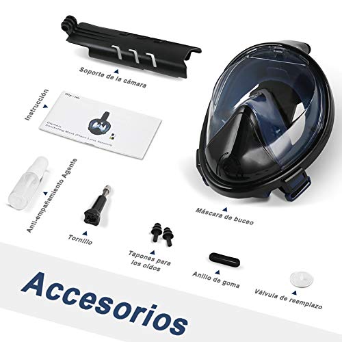 Glymnis Máscara de Buceo 180° Máscara Snorkel Anti-Fuga Gafas Cara Completa con Agente Antivaho Apoyo Camara Deportiva (Negro y Azul, S/M)