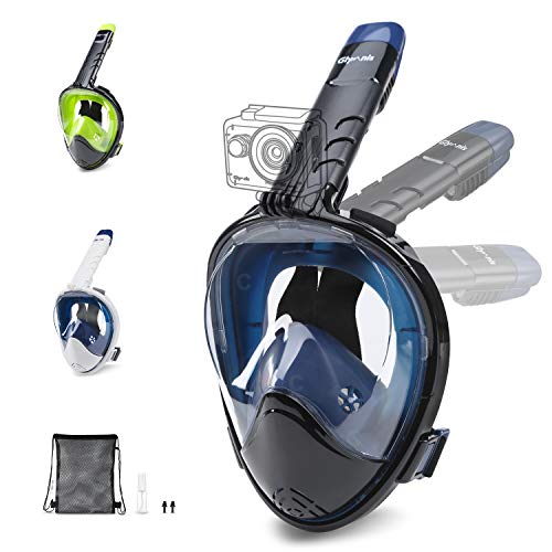 Glymnis Máscara de Buceo 180° Máscara Snorkel Anti-Fuga Gafas Cara Completa con Agente Antivaho Apoyo Camara Deportiva (Negro y Azul, S/M)