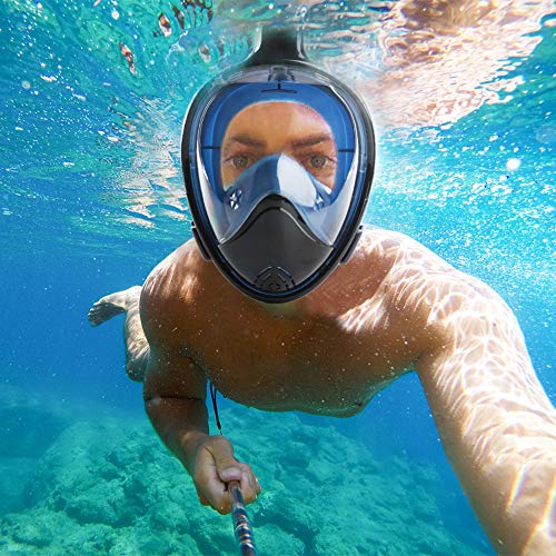 Glymnis Máscara de Buceo 180° Máscara Snorkel Anti-Fuga Gafas Cara Completa con Agente Antivaho Apoyo Camara Deportiva (Negro y Azul, S/M)
