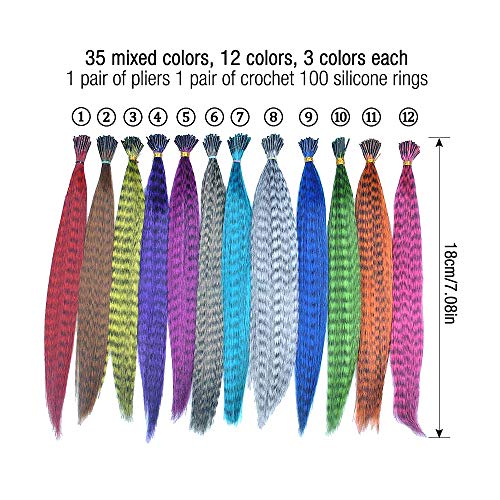 Gobesty Extensiones de Colores, Extensiones de plumas de cabello de 15 pulgadas Postizo recto sintético resistente al calor para niños Niñas Mujeres, 12 colores en 32 piezas