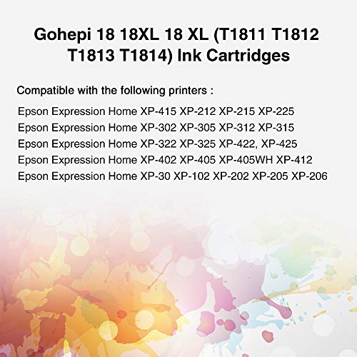 Gohepi 5 Multipack 18 XL Alta Capacidad Cartuchos de tinta Compatible para Epson 18 18XL con Epson Expression Home XP-225 XP-215 XP-205 XP-322 XP-312 XP-405 XP-412 XP-422 XP-425 XP-302 XP-305 XP-315