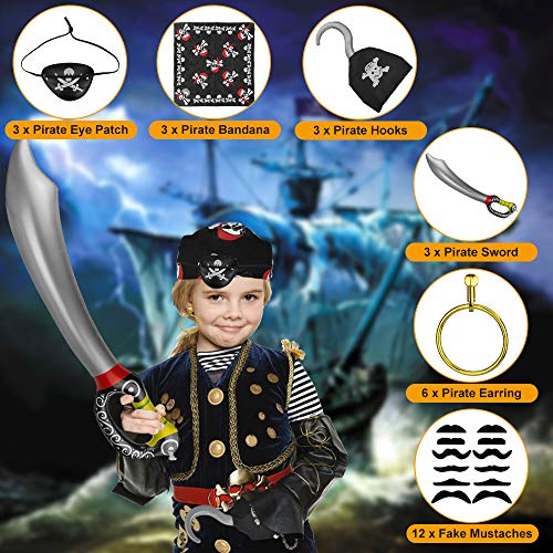 GOLRISEN Accesorios Piratas para Niños 30 unids Incluye Parche Pirata Espadas Hinchable Bandanas Barbas Postizas Pendientes y Garfios, Accesorios para Disfrazarse de Piratas, para Halloween y Carnaval