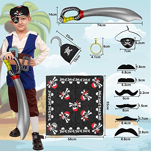 GOLRISEN Accesorios Piratas para Niños 30 unids Incluye Parche Pirata Espadas Hinchable Bandanas Barbas Postizas Pendientes y Garfios, Accesorios para Disfrazarse de Piratas, para Halloween y Carnaval