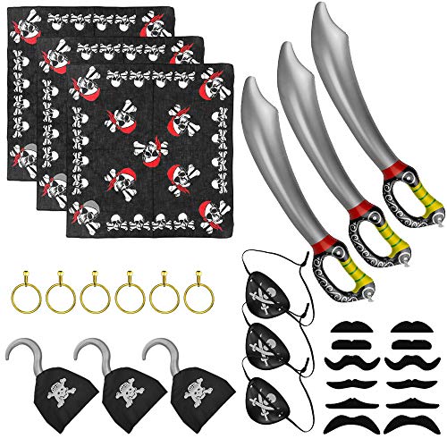 GOLRISEN Accesorios Piratas para Niños 30 unids Incluye Parche Pirata Espadas Hinchable Bandanas Barbas Postizas Pendientes y Garfios, Accesorios para Disfrazarse de Piratas, para Halloween y Carnaval